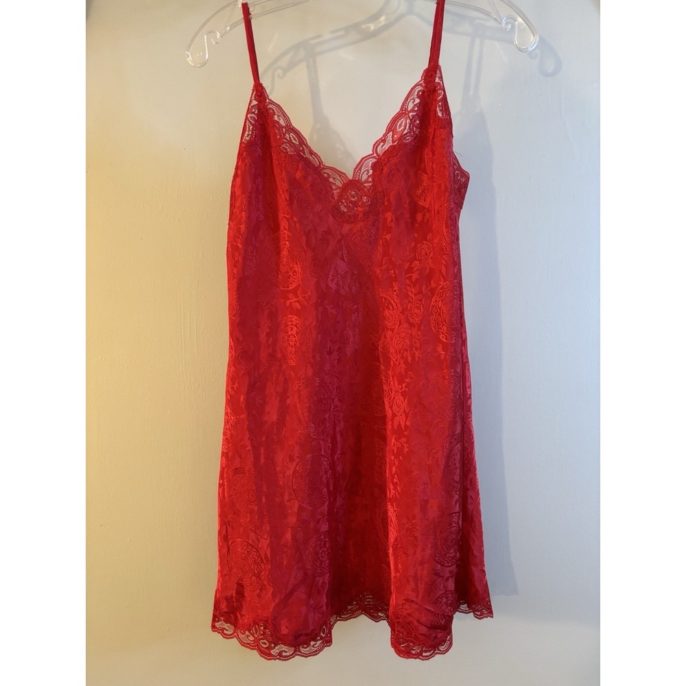 VTG VICTORIA'S SECRET Cherry Red Slip Dress Nightie S Lace Sexy Gold Label